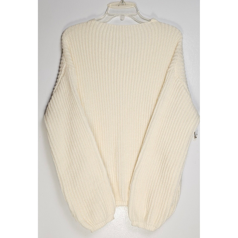 SHEIN Cream Cable Knit V Neck Long Sleeve Sweater Women‎ Medium Oversized Cozy M - Picture 2 of 4